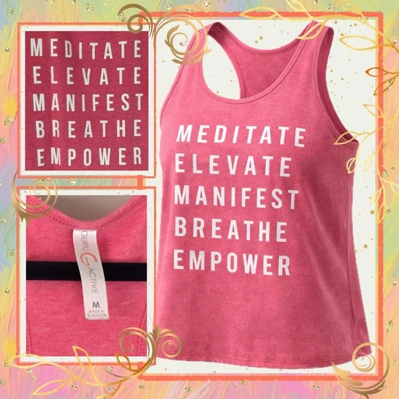 Guru Active Meditate Elevate Manifest Breathe Empower Tank Size S Pink Racerback - Picture 2 of 8